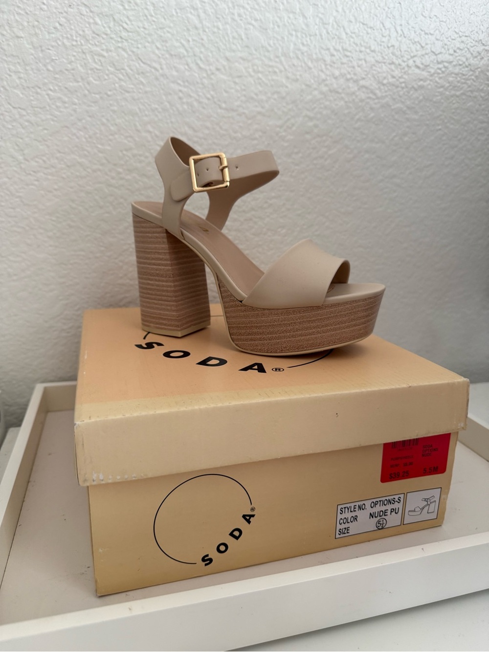 Soda Nude Platform Block Heels with Gold Buckle